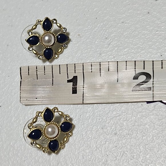 Elegant Retro Faux Pearl Blue Stone Rhinestone Gold Tone Earrings Jewelry - Picture 5 of 5